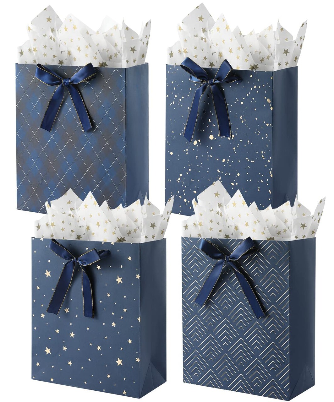 4 Pack 9" Medium Size Gift Bags Assorted Premium Blue Gift Bags with Tissue Paper Use for Birthdays, Baby Shower,weddings,Party Favor, Holiday Presents-7" X 4" X 9"